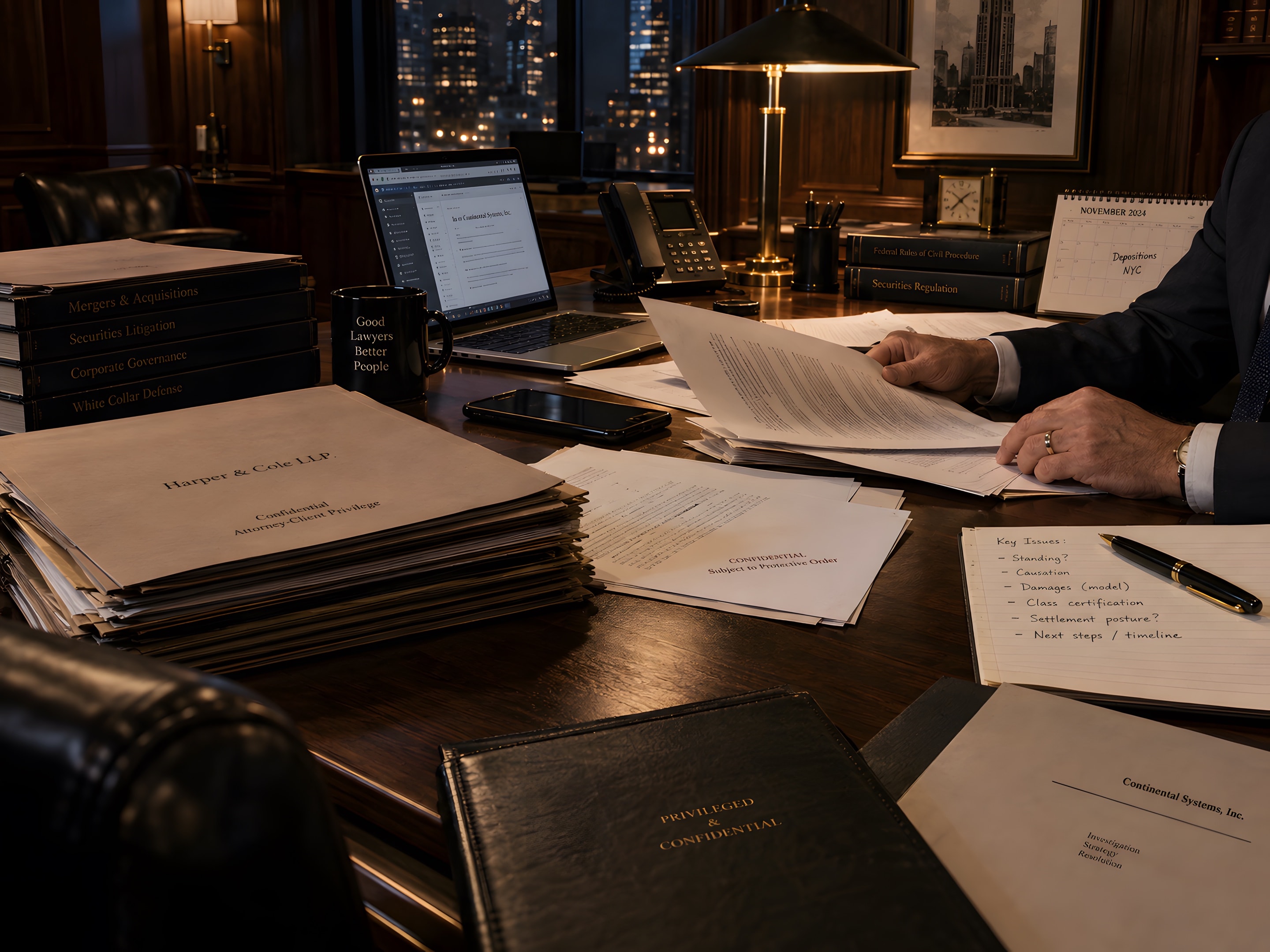 A lawyer working late over case files
